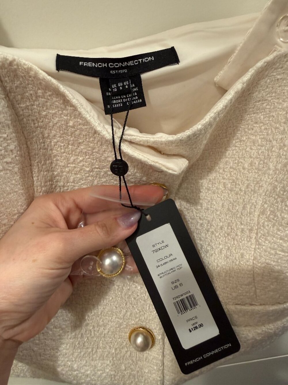 FRENCH CONNECTION 2 Piece Tweed Pearl Buttons Top & Skirt Set Women's Sz 6 NWT - Picture 7 of 15